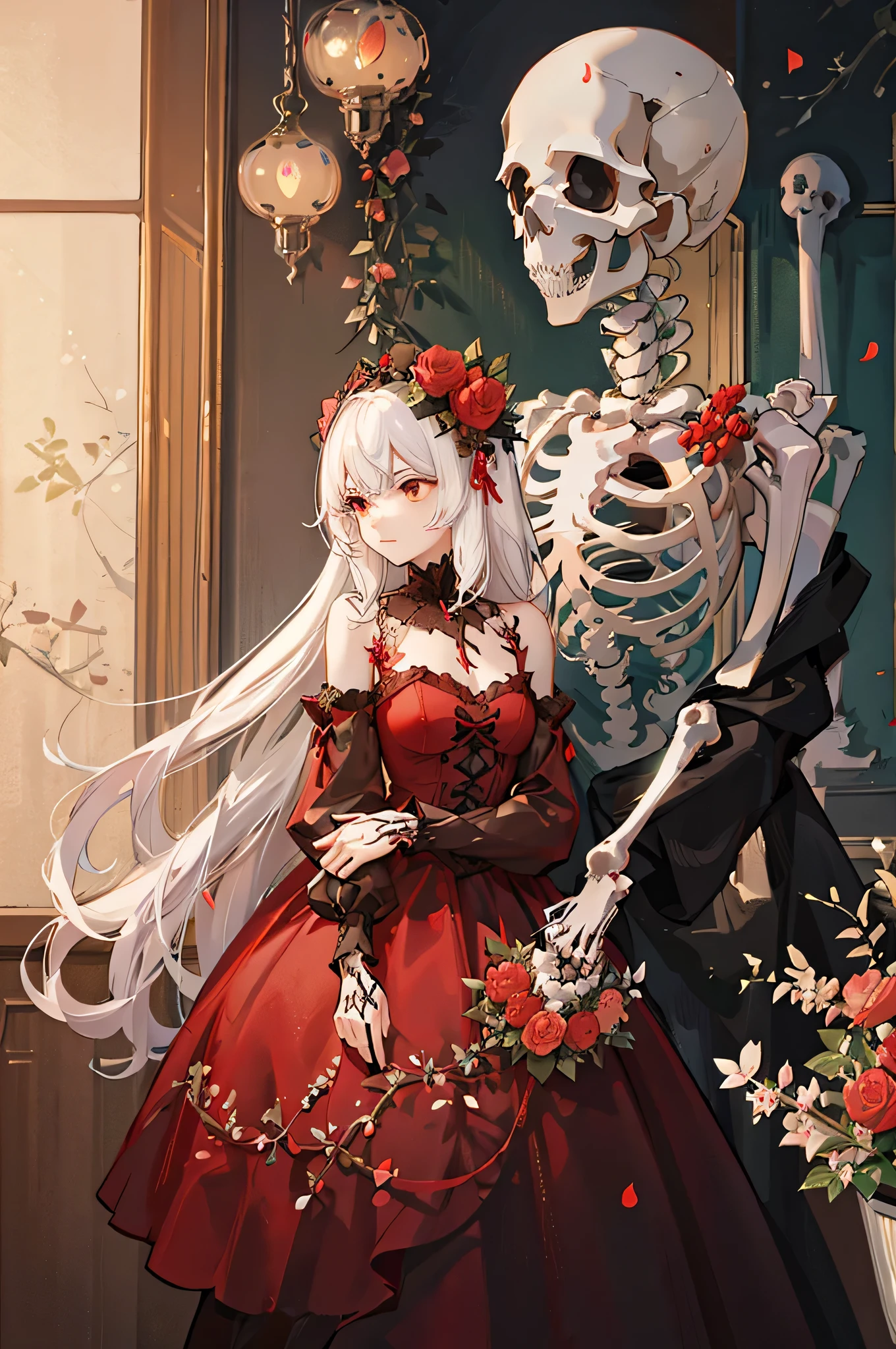 Anime girl, white hair, There are red flowers growing on the skeleton, ((SKELETON)), red flower, illustration, 25 year old, bone, skull, creepy,