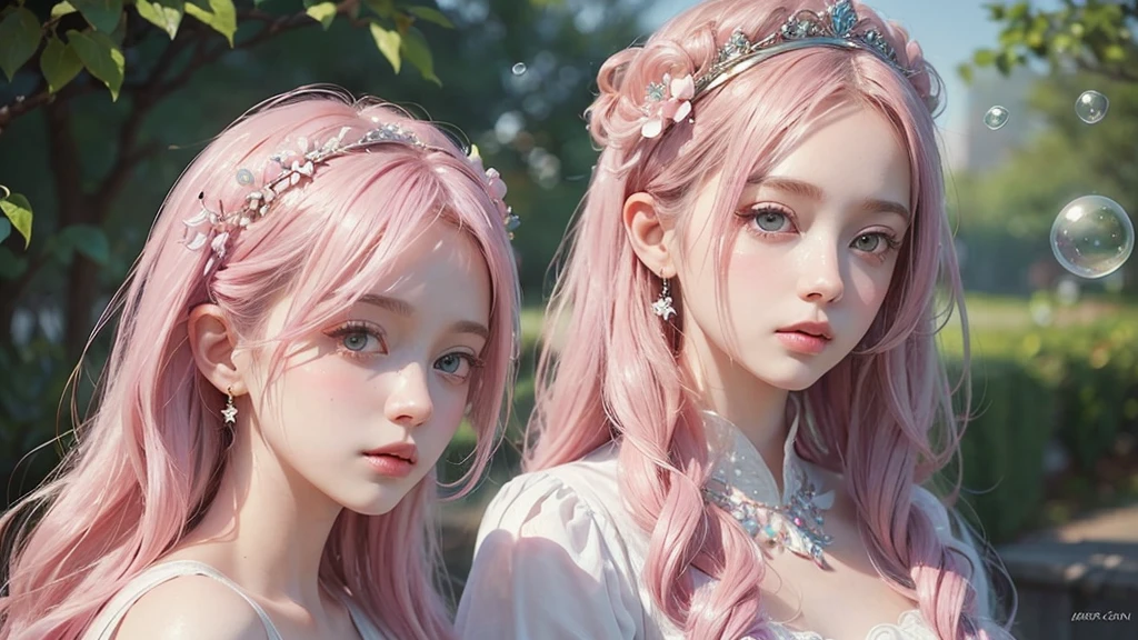 ((masterpiece)). This work is dreamy and fantastical., Soft pink watercolor shades. Generates delicate magical women exploring the bubble gum world in a variety of pastel colors. Her sweet face is extremely detailed and realistic with elegant, Mature features, Puffy, Big lips and stunning, Extremely realistic eyes. Her eyes are important、Be realistic, Very detailed, And it's beautiful. High resolution and detail, Include many details like stars, Milky Way, Colorful bubbles, Colorful petals, And a lot of energy and emotion! Stars and colorful bubblegum bubbles are important! Include fantasy details, Enhanced Details, iris, Colorful sparkling wind, And pollen. Pay special attention to her face、Make sure it's beautiful and realistic in detail。. The image is dreamy、It has to be fantastical..8k, Complex, elegant, Very detailed, Majestic, Digital photography