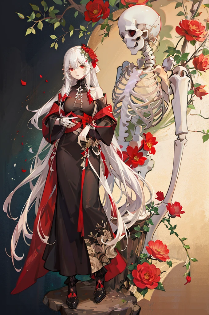 Anime girl, white hair, There are red flowers growing on the skeleton, ((SKELETON)), red flower, illustration, 25 year old, bone, skull, creepy,
