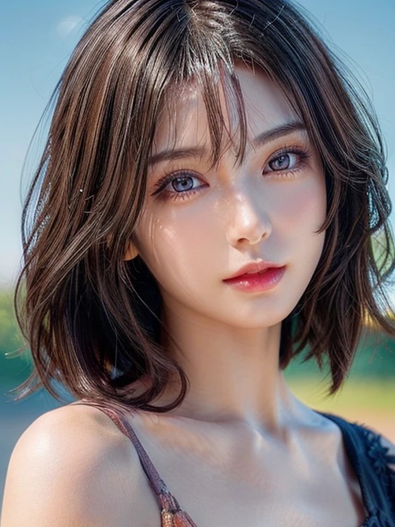 (masterpiece:1.2, Highest quality), (Beautiful, detailed eyes:1.2, Beautiful skin, Beautiful hair, Beautiful eyes, seductive eyes), ((Woman)), (Detailed eyes and face:1.3), ((Asymmetrical short hair)), (Highly detailed CG, Super detailed, Best Shadow:1.1), ((Depth of written boundary)), ((watercolor)), beautiful concept figure, (figure:1.1), (Perfect detail:1.1), looking at viewer, Good posture and dignity, From the neck up, natural soft lighting, evening sunset, Highlights in the eyes, Very perfect and beautiful face, close up shot, Bare shoulders, (vibrant colors, vivid colors background:1.2),