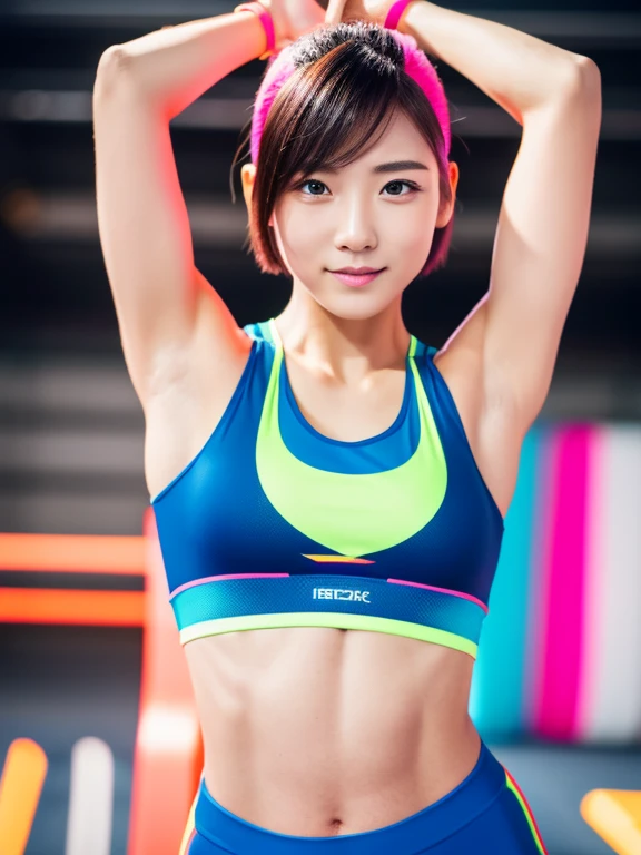 Best quality 8k resolution Ultra detailed Bright neon colored competition sportswear Serious facial expression Cute girl Abs Arms up Very short hair High waisted tights Flat chest Japanese Sharp focus Track and field club Very short hair 27 years old