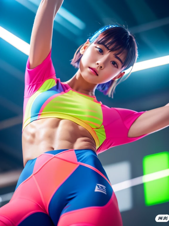 Best quality 8k resolution Ultra detailed Bright neon colored competition sportswear Serious facial expression Cute girl Abs Arms up Very short hair High waisted tights Flat chest Japanese Sharp focus Track and field club Very short hair 27 years old