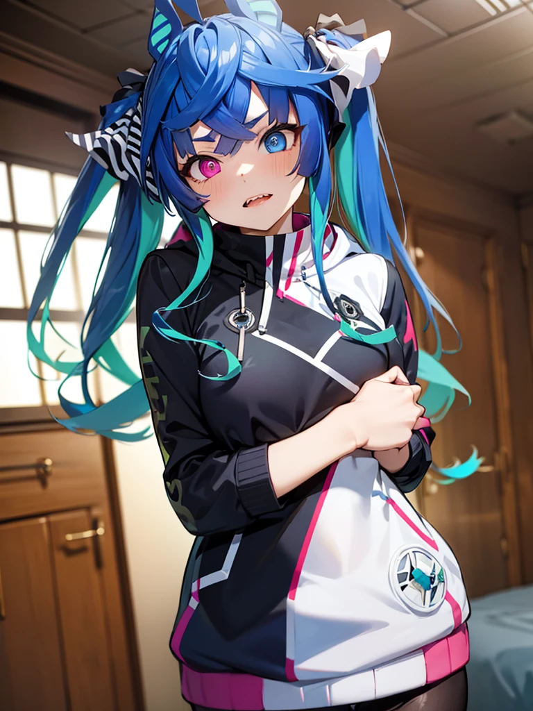 (masterpiece、top-quality、hight resolution), Create an image depicting a woman who is rumored to be the embodiment of a harlot and a . The woman should exude a provocative and seductive aura, with a confident and bold expression. Her attire should be revealing and suggestive, emphasizing her rumored reputation. Twin_Turbo_Umamusume, aqua hair, twintails, heterochromia, purple eyes, blue eyes, sharp teeth,hores tails, nsfw, room, multicolored hoodie, black leggings,
