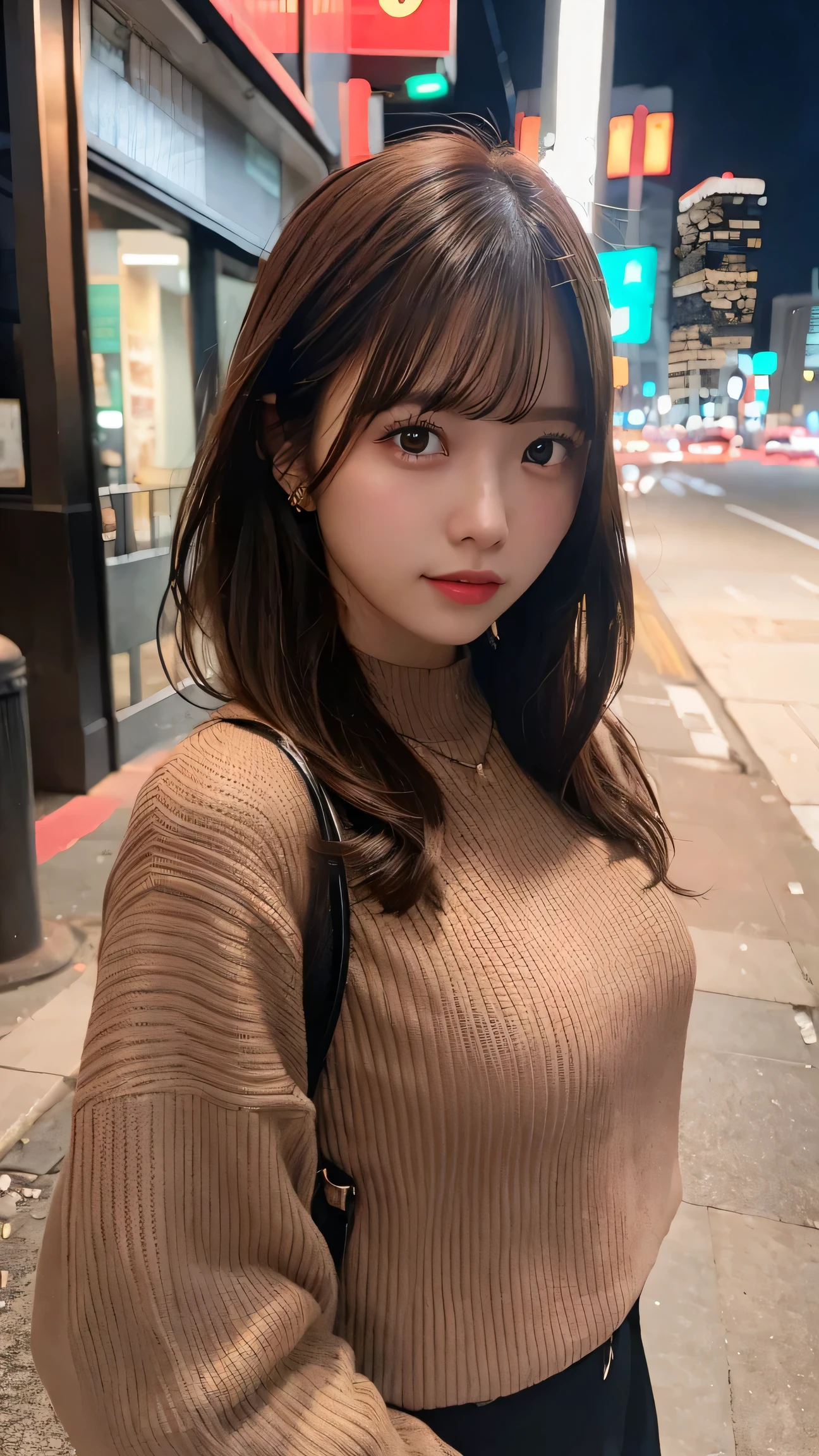 best quality, 1 girl, standing, city at night, street lights, brown hair, stylish outfit, upper body, cinematic lighting