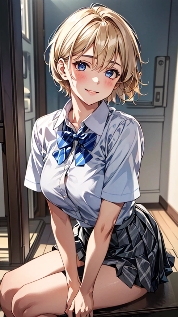 (masterpiece:1.3, Highest quality, Ultra-high resolution, Super detailed), (Realistic, photoRealistic:1.4), Beautiful illustrations, Perfect lighting, Natural light, colorful, Depth of written boundary,
View your viewers, whole body, Front view:0.6, 1 girl, Japanese, high School girl, Perfect Face, (Perfect Anatomy), Cute and symmetrical face, Baby Face, Glowing Skin, ,
(short hair:1.5, Pixie Cut:1.2, Blonde), Hair between the eyes, blue eyes, Long eyelashes, (Large Breasts:0.8),
Beautiful Hair, Beautiful Face, Beautiful attention to detail, Beautiful clavicle, Beautiful body, Beautiful breasts, Beautiful thighs, Beautiful feet, Beautiful fingers,
((Collared short-sleeved shirt, White shirt, Grey plaid pleated skirt, Blue checked bow tie)), pink panties,
(Beautiful views), Daytime, (School), Are standing, (Lift up the skirt, Grab the hem of your skirt, please put your hand on your chest, Place your hands between your legs), (Captivating smile, Upward glance),