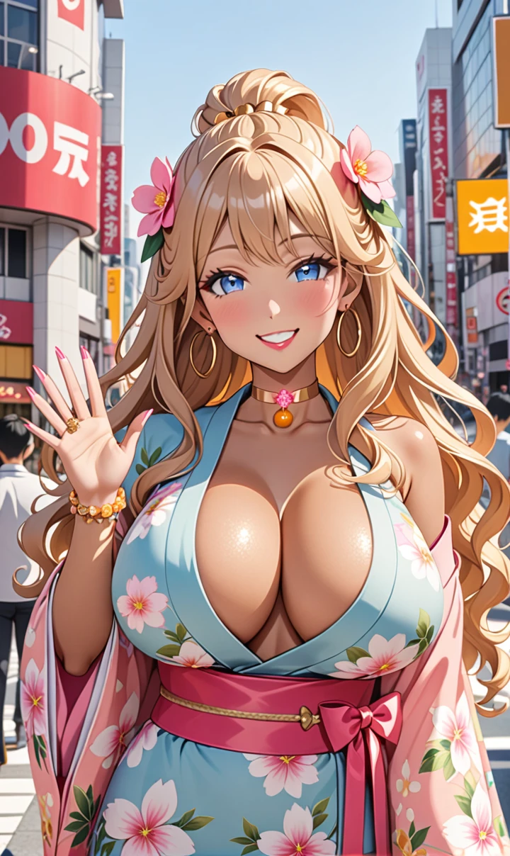 ultra-detailed, ((one girl)), (tan skin:1.4), in pastel colors gyaru, (heavy makeup), (professional lighting) hyper detailed, absurdres, 8k, Beautiful Face, (Laugh shyly), ((teasing smile:1.6)), ((happy smile:1.5)),  ((Wink:1.)), (Laugh with your mouth wide open),((Tilt your face:1.6)), View your viewers, ((Bright red cheeks:1.6)),Glossy shocking pink lips, ((huge breasts:1.6)),  ((undressing)), noon, summer, Shibuya SHIBUYA109, Anime style background)),masterpiece, Highest quality, (Brighten your face), so beautiful,Latest, Complex details, ((fluorescent pink long nail:1.3)), (ring),(bracelet), (Floral Choker),AI-generated, Complex,High resolution, Highest quality, super high quality,3D Images、3D Images,One person, ((honey blond long hair), (High Ponytail), (wavy hair:1.4), Anime woman posing for a photo, ((Fine grain、blue eyes、glowing eyes:1.4)), (Squint your eyes:1.1),a hyperRealistic , hyperRealistic , Realistic,Anime woman with long honey blonde hair, Smooth anime CG art, A girl in a gorgeous pastel-colored kimono, ((Pastel-colored furisode)),(Pink large floral pattern), (sideboob),  Long flower hair ornament,large gold hoop earrings, Mature Body, tall,Narrow waist, front view, (upper body),  ((Waving to viewers:1.3)),