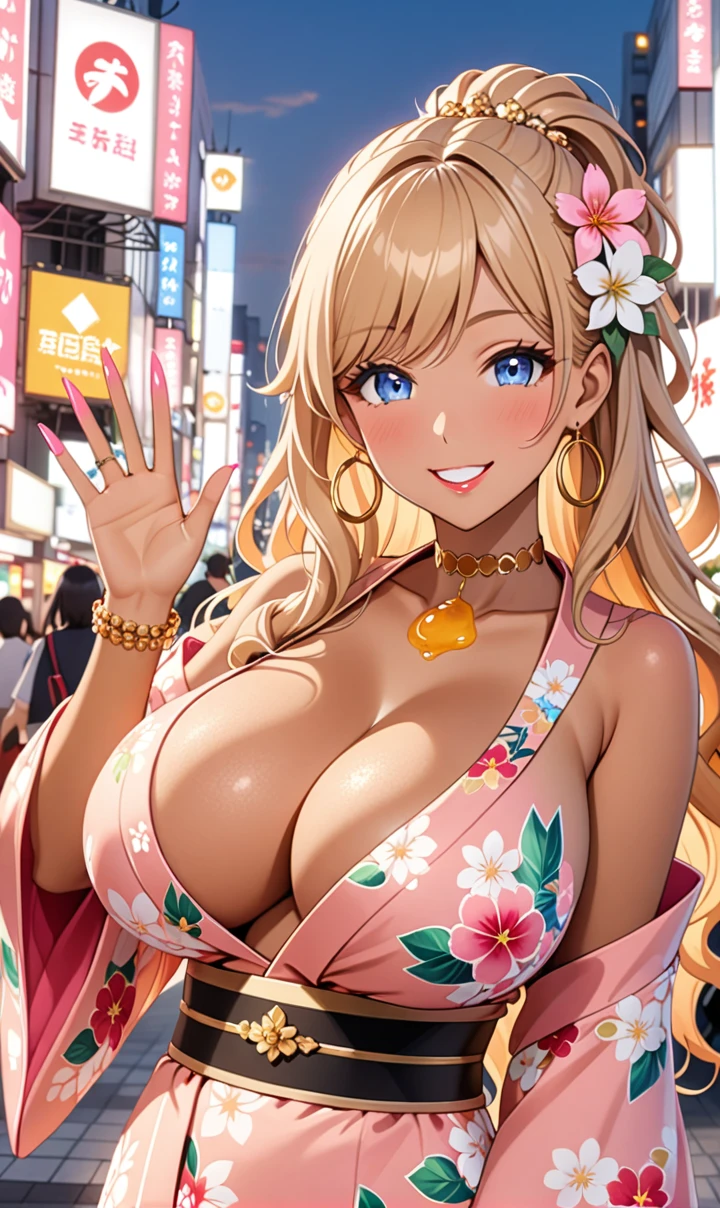 ultra-detailed, ((one girl)), (tan skin:1.4), in pastel colors gyaru, (heavy makeup), (professional lighting) hyper detailed, absurdres, 8k, Beautiful Face, (Laugh shyly), ((teasing smile:1.6)), ((happy smile:1.5)),  ((Wink:1.)), (Laugh with your mouth wide open),((Tilt your face:1.6)), View your viewers, ((Bright red cheeks:1.6)),Glossy shocking pink lips, ((huge breasts:1.6)),  ((undressing)), noon, summer, Shibuya SHIBUYA109, Anime style background)),masterpiece, Highest quality, (Brighten your face), so beautiful,Latest, Complex details, ((fluorescent pink long nail:1.3)), (ring),(bracelet), (Floral Choker),AI-generated, Complex,High resolution, Highest quality, super high quality,3D Images、3D Images,One person, ((honey blond long hair), (High Ponytail), (wavy hair:1.4), Anime woman posing for a photo, ((Fine grain、blue eyes、glowing eyes:1.4)), (Squint your eyes:1.1),a hyperRealistic , hyperRealistic , Realistic,Anime woman with long honey blonde hair, Smooth anime CG art, A girl in a gorgeous pastel-colored kimono, ((Pastel-colored furisode)),(Pink large floral pattern), (sideboob),  Long flower hair ornament,large gold hoop earrings, Mature Body, tall,Narrow waist, front view, (upper body),  ((Waving to viewers:1.3)),