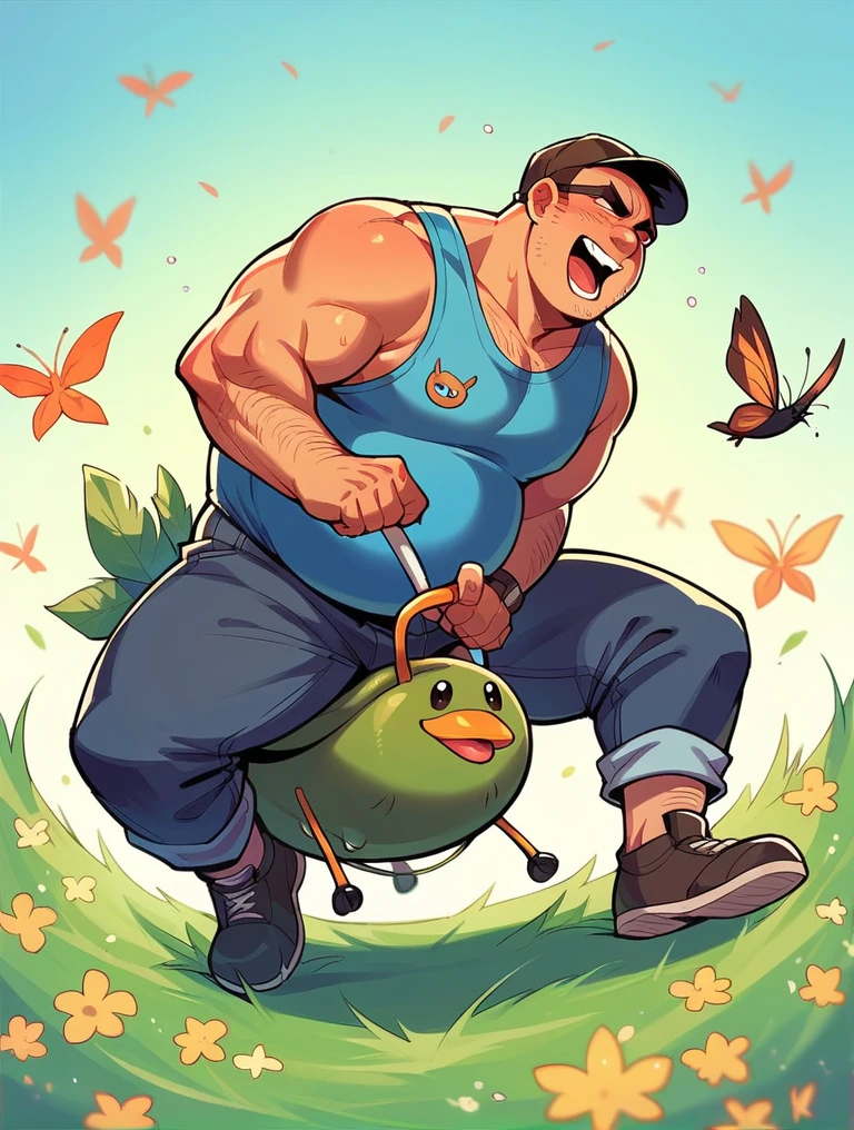 Fat man riding a fly