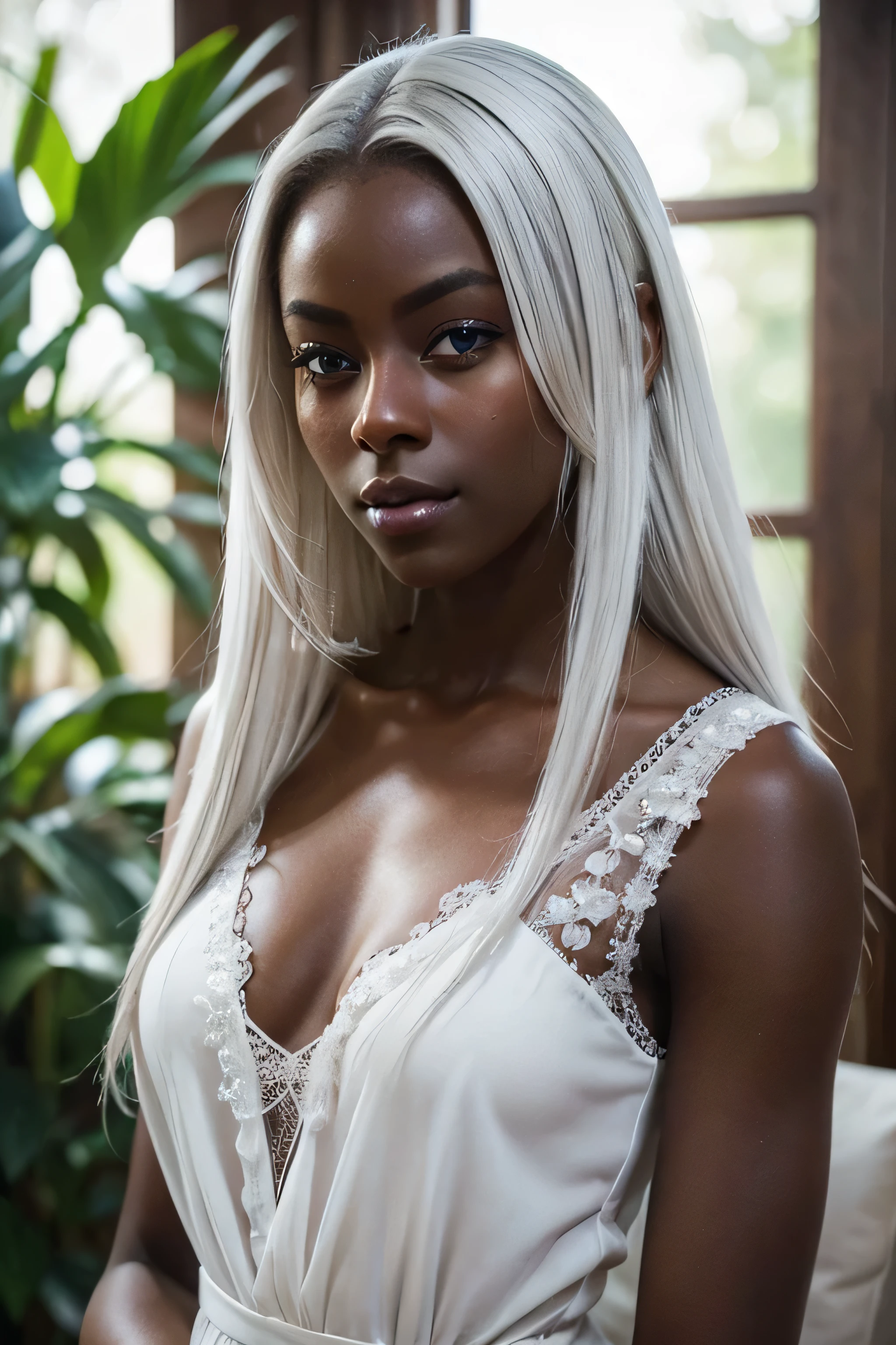 beautiful (((darkskin:1.2))) androgen:1.3, ((dark skin:1.2)), (((white hair))), ethereal darkskin beauty,piercing blue eyes,long flowing white hair,darkskin complexion,soft pink lips,sensual demeanor,alluring gaze,graceful pose,subtle makeup,pure white dress,delicate features,striking contrast with her surroundings,soft natural light,subtle shadows,ethereal atmosphere,vibrant colors,dreamlike setting,romantic ambiance,artistic portrait,highly detailed rendering,photorealistic quality.