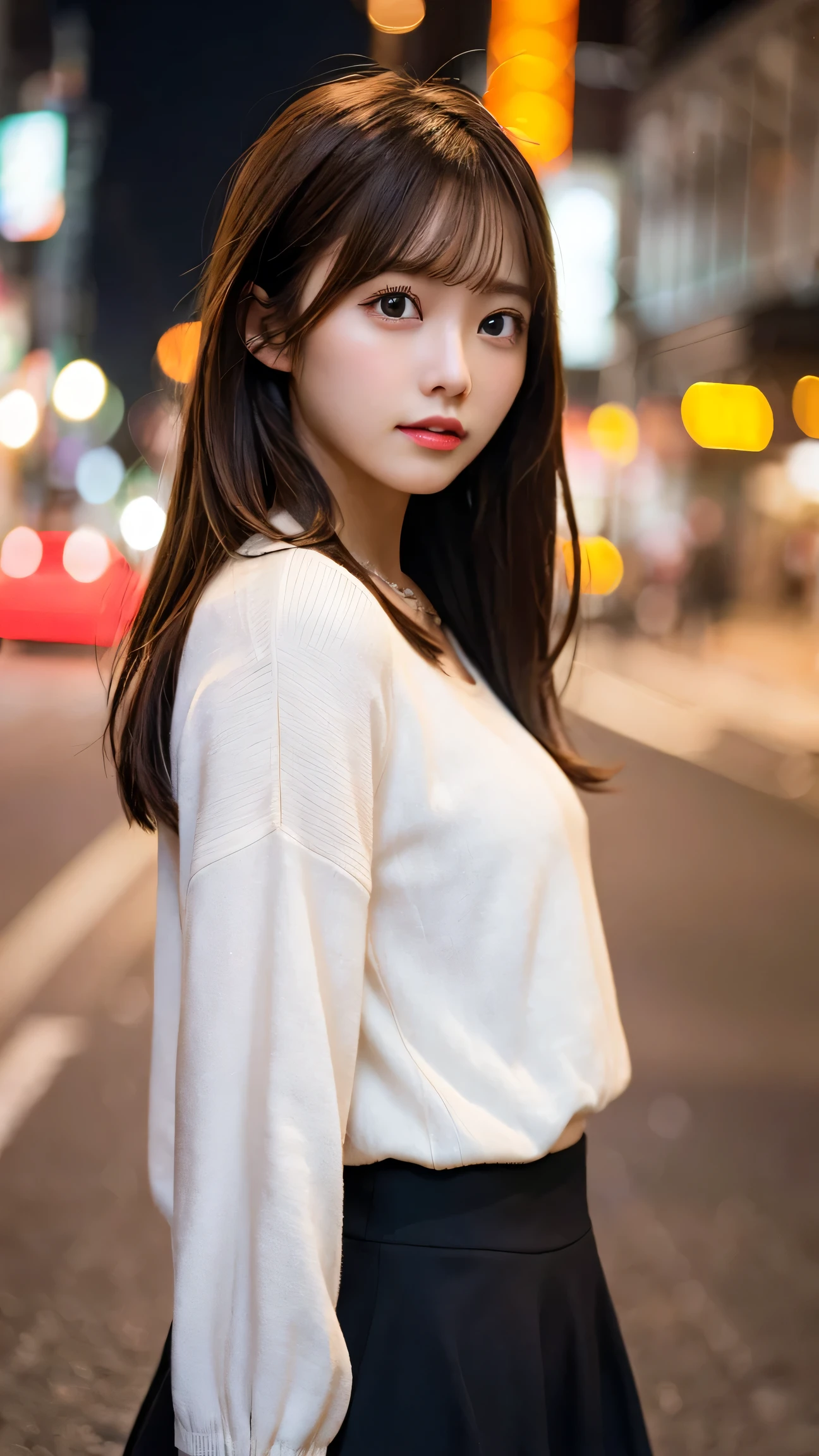best quality, 1 girl, standing, city at night, street lights, brown hair, stylish outfit, upper body, cinematic lighting