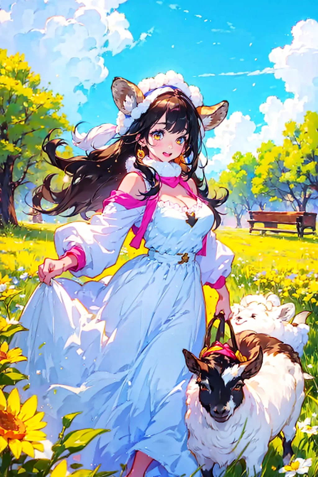 1girl,goat,cute,big breast,cleavage,fluffy clothes,like a goat girl,outdoor,sunshine