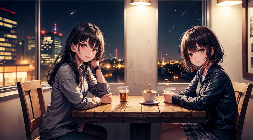 (Original photo, Highest quality), 1 girl, Lisa, night,Cafe, relax, Satosh Khan&#39;Art Style
