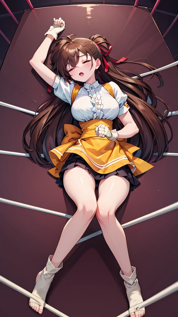 Highest quality,masterpiece,Lying down,sleep,(レスリングのリングにLying down, WWE Divas,Wrestling Arena, Arm down, Wrestling ring background, Boxing ring background), 仰向けにsleep, Lack of stamina, Ryona, Hitting a girl, death is near,タケユカ 超ロングヘア ヘアribbon, Frilled shirt, Underbust, ribbon, Fingerless gloves, White gloves, Waist apron, Orange Skirt, socks, Toeless legwear,winner, Nice, winner, (Hands Down, Moaning , Open your mouth), ((, 仰向けにsleep, 地面にsleep, lose consciousness, Unconscious, )), , ( Tilt your head),