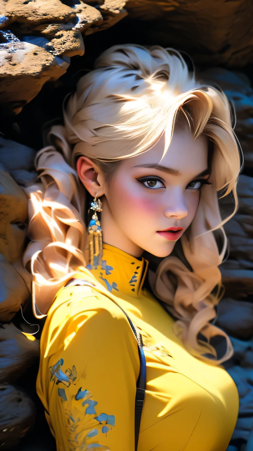 (Surreal), (picture), (High resolution), (In 8K), (Very detailed), (Best Illustration Photos), (Beautiful and fine details), (最high quality), (Ultra-detailed), (masterpiece), (wallpaper), (Detailed face), solo, One Girl, Blonde Wavy Hair, Korean Beauty,Black Eyes, ((ゆったりとしたBlue and yellow maid outfit)), Long legs, Toned Abs, Big Tits、stockings、((In a dark cave))、((Pause_random))、((Upper body portrait))), Upper body portrait, masterpiece, 最high quality, high quality, High resolution, Blue and yellow maid outfit