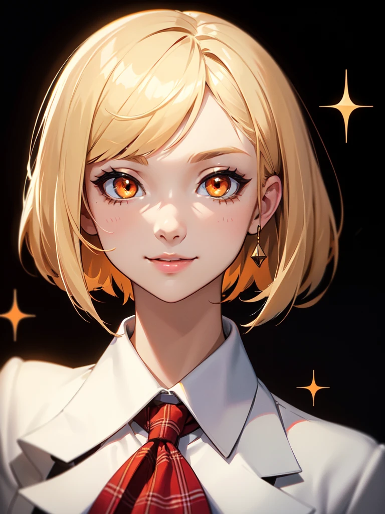 (((Portrait Photo))), She has a Pretty and Cute 18-Year-Old Appearance, with a Small, Slender Build, and a Curby Figure. She has Short, Light Blonde Bobcut Hair that Frames Her Face, with Strands Falling Around Her Face. Her Striking Orange Eyes Sparkle with Innocence and Mischief, Giving Off a Cheerful and Charming Attitude. She Wears a Traditional Consisting of an White Blouse, a Plaid Skirt, and a White Blazer. (((High Quality, Dark Background))), (((Portrait Photo)))
