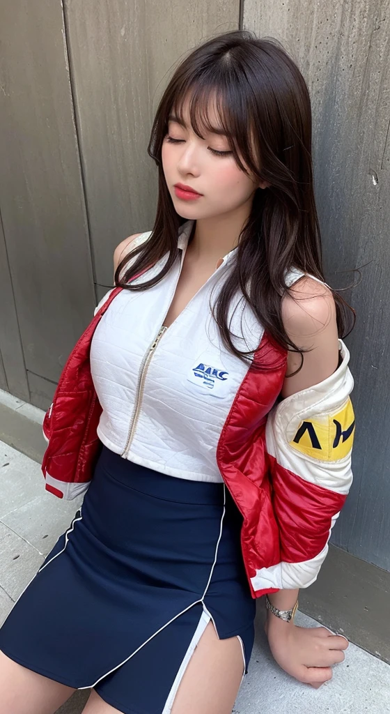 ((perfect anatomy, anatomically correct, super detailed skin))), 1 woman, ((race promotion uniform:1.6)), grid girl, from front, shiny skin, detailed hair, detailed face, detailed eyes, (long hair:1.5, brunette hair:1.7), natural bangs, hair between eye, light brown hair, brown eyes, babyface, mole under eye, lip gloss, beautiful body, normal breasts, beautiful thighs, beautiful legs, camel toe, ((detailed cloth texture, navy blue, dark blue, red, white, sleeveless top with light jacket, tight short skirt:1.6, boots:1.6)), white panties, beautiful scenery, summer, (lying on back:1.4), ((close eyes:1.6)), (sleeping), laying on the bed, (8k, top quality, masterpiece:1.2, extremely detailed), (realistic, photorealistic:1.4), beautiful illustration, natural lighting, whole body,