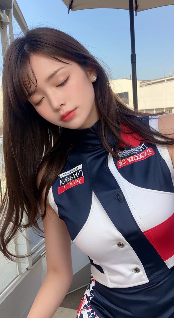 ((perfect anatomy, anatomically correct, super detailed skin))), 1 woman, ((race promotion uniform:1.6)), grid girl, from front, shiny skin, detailed hair, detailed face, detailed eyes, (long hair:1.5, brunette hair:1.7), natural bangs, hair between eye, light brown hair, brown eyes, babyface, mole under eye, lip gloss, beautiful body, normal breasts, beautiful thighs, beautiful legs, camel toe, ((detailed cloth texture, navy blue, dark blue, red, white, sleeveless top with light jacket, tight short skirt:1.6, boots:1.6)), white panties, beautiful scenery, summer, (lying on back:1.4), ((close eyes:1.6)), (sleeping), laying on the bed, (8k, top quality, masterpiece:1.2, extremely detailed), (realistic, photorealistic:1.4), beautiful illustration, natural lighting, whole body,