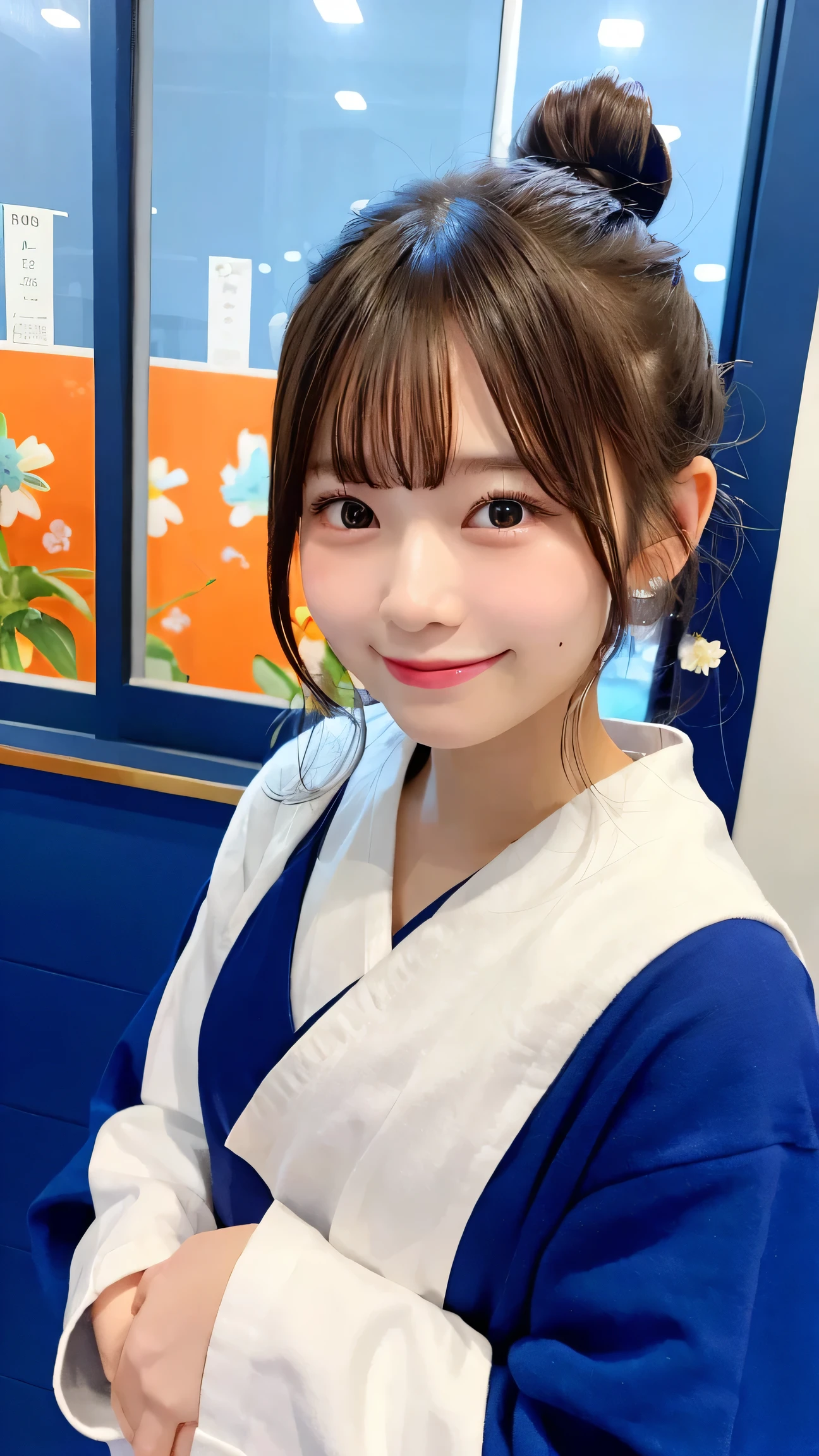 masterpiece, best quality, 1girl, bun hair, Japanese, shy smile, blue background, blurry