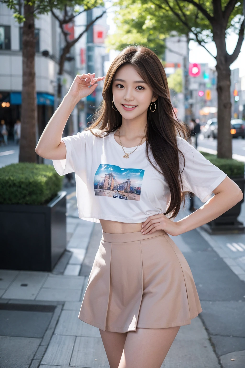 high quality,8k, Detailed facial depiction, Detailed description of the eyes,One Woman, Light brown hair(Medium-long hair),Beautiful Japanese Girl,24-years-old,Beautiful Face,Cute eyes,Cute Smile,ＴShirt and skirt,Slender body, Plump and large breast size, Long and beautiful legs,Are standing,Smiling, Colorful earrings,necklace,Model pose,Shibuya City