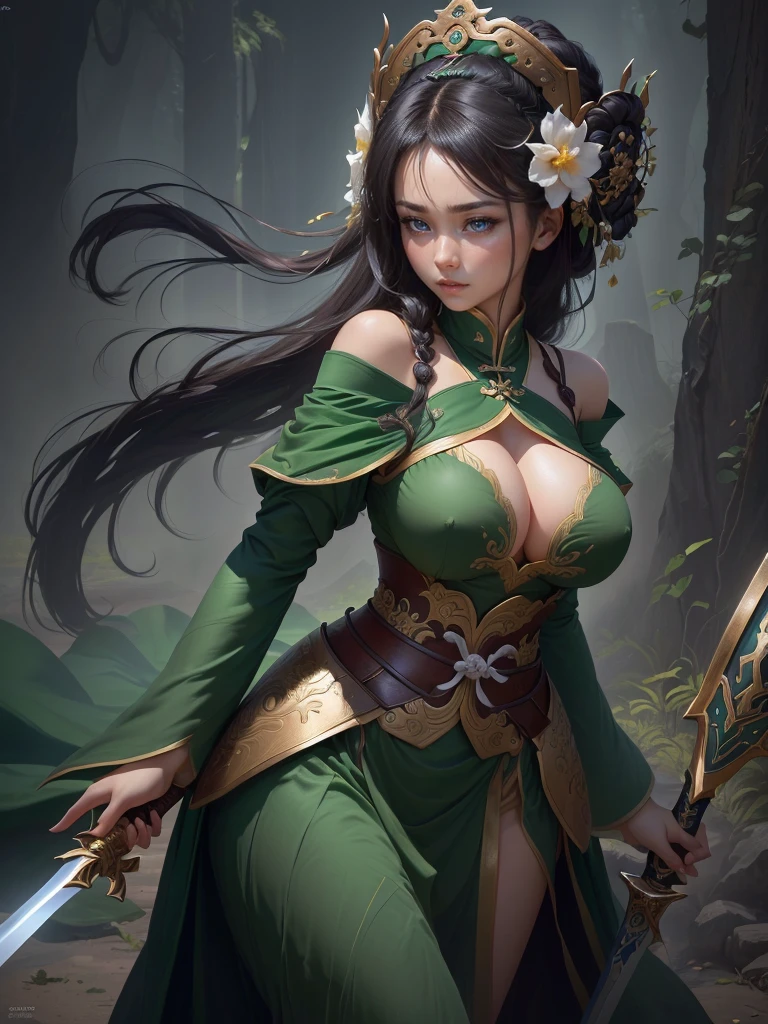 a woman in a green dress holding a sword and a flower, inspired by Li Mei-shu, inspired by Shen Zhou, inspired by Wu Li, inspired by Wu Zuoren, yun ling, inspired by Ju Lian, inspired by Li Tang, full body xianxia, inspired by Qiu Ying, inspired by Lan Ying, xianxia hero, Highly detailed CG unit 8k wallpaper, masterpiece, High resolution, highest quality, highest quality real texture skin, Super Real, Digital Painting, Best image quality, 最High resolution, 8k, ((Highly detailed eyes and face, Beautiful eyes every detail)), 1girl, Full Body Shot, Saggy breasts, Gravity-dependent breasts, long chest, Heavy chest, disproportionate breasts, huge breasts, sagging breasts, gigantic breasts, (erect nipple), Off the shoulder,
