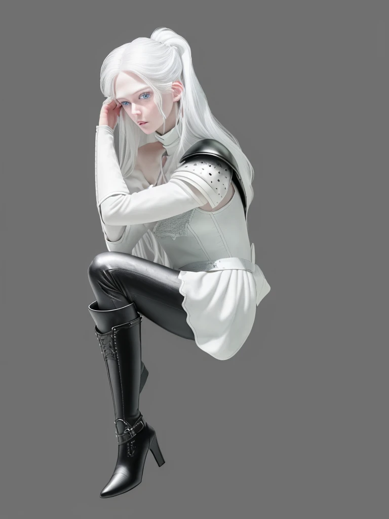 Top quality, RAW Photo, Highest Quality Image, 16K, White hair. Porcelain skin. Beautiful expressive eyes. Sweet and beautiful face. Fantasy clothing. Fantasy world. Black and white clothes. A slender girl in black leather trousers, armor, shoulder pads and comfortable beautiful clothes. Leather boots. Full length from head to toe. Prominent shoes and boots.