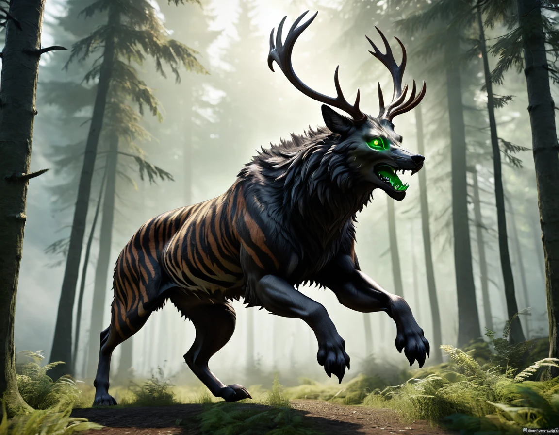 full body portrait of realistic big black beast, feral, side view, running motion, long legs, four legged, wolf tiger deer bear hybrid skull face, twisted horns, twisted antlers, tiger, deer, wolf, wendigo, bear, hybrid body with beryl green eyes, beryl green smoke from mouth, dark mysterious forest scenery, full body, cinematic, render, 8k, unreal engine, realistic, masterpiece, high detail, full body, low life, extremely intricate, extreme detail, volumetric lighting