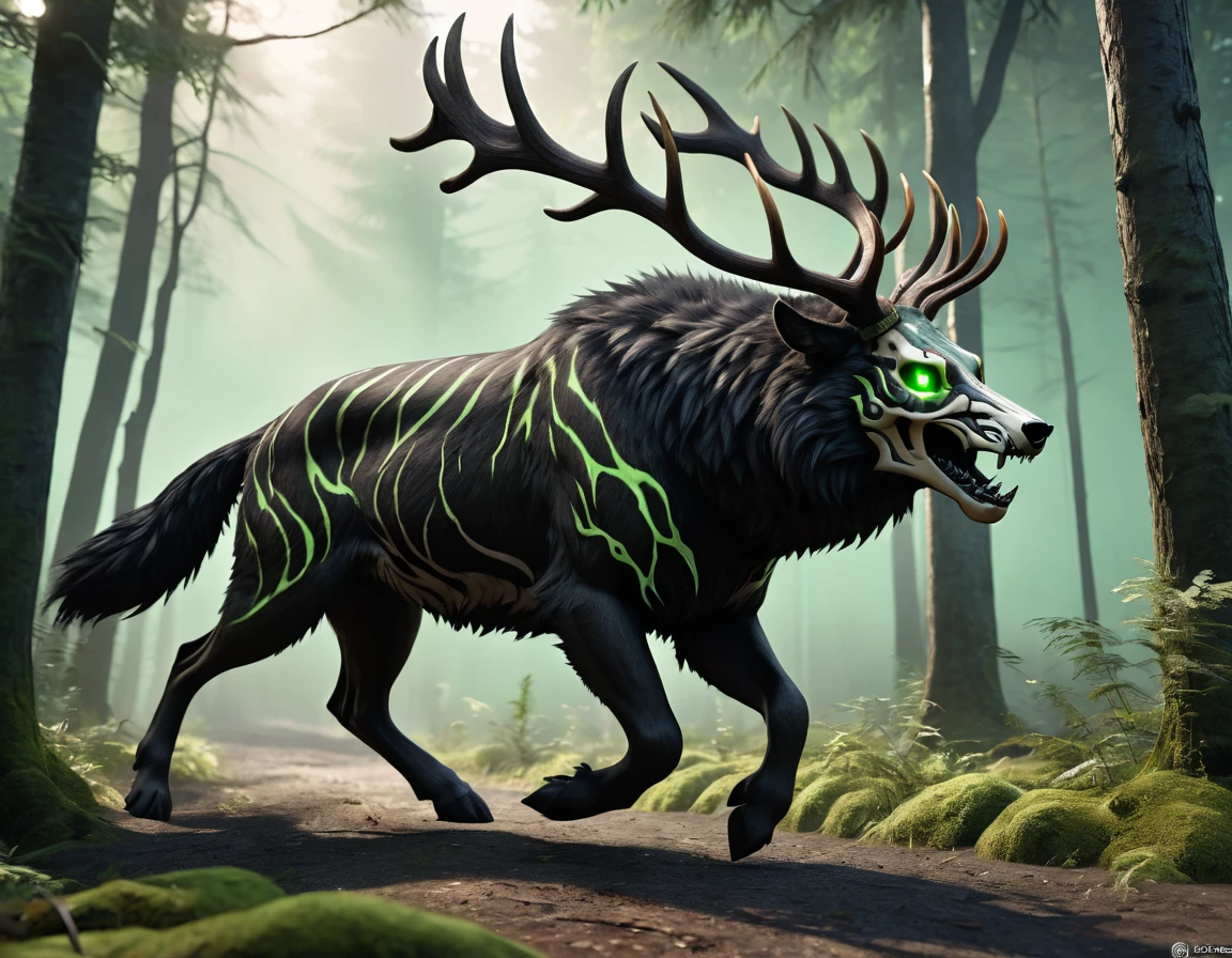 full body portrait of realistic big black beast, feral, side view, running motion, long legs, four legged, wolf tiger deer bear hybrid skull face, twisted horns, twisted antlers, tiger, deer, wolf, wendigo, bear, hybrid body with beryl green eyes, beryl green smoke from mouth, dark mysterious forest scenery, full body, cinematic, render, 8k, unreal engine, realistic, masterpiece, high detail, full body, low life, extremely intricate, extreme detail, volumetric lighting