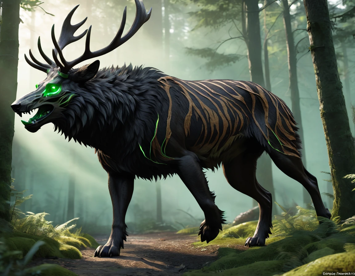 full body portrait of realistic big black beast, feral, side view, running motion, long legs, four legged, wolf tiger deer bear hybrid skull face, twisted horns, twisted antlers, tiger, deer, wolf, wendigo, bear, hybrid body with beryl green eyes, beryl green smoke from mouth, dark mysterious forest scenery, full body, cinematic, render, 8k, unreal engine, realistic, masterpiece, high detail, full body, low life, extremely intricate, extreme detail, volumetric lighting