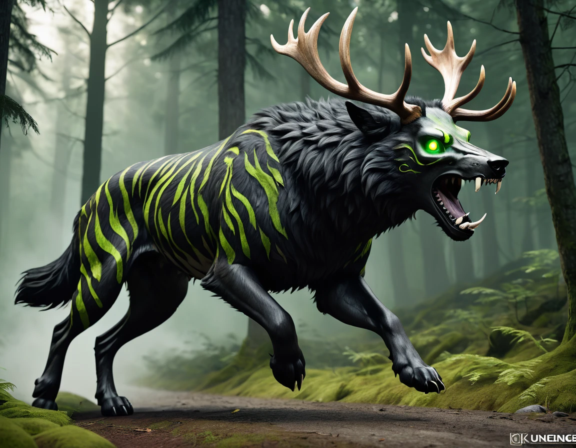 full body portrait of realistic big black beast, feral, side view, running motion, long legs, four legged, wolf tiger deer bear hybrid skull face, twisted horns, twisted antlers, tiger, deer, wolf, wendigo, bear, hybrid body with beryl green eyes, beryl green smoke from mouth, dark mysterious forest scenery, full body, cinematic, render, 8k, unreal engine, realistic, masterpiece, high detail, full body, low life, extremely intricate, extreme detail, volumetric lighting