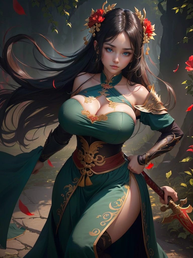 a woman in a red dress holding a sword and a flower, inspired by Li Mei-shu, inspired by Shen Zhou, inspired by Wu Li, inspired by Wu Zuoren, yun ling, inspired by Ju Lian, inspired by Li Tang, full body xianxia, inspired by Qiu Ying, inspired by Lan Ying, xianxia hero, Highly detailed CG unit 8k wallpaper, masterpiece, High resolution, highest quality, highest quality real texture skin, Super Real, Digital Painting, Best image quality, 最High resolution, 8k, ((Highly detailed eyes and face, Beautiful eyes every detail)), 1girl, Full Body Shot, (Cleavage, Saggy breasts, Gravity-dependent breasts, long chest, Heavy chest, disproportionate breasts, huge breasts, sagging breasts, gigantic breasts, erect nipple), Off the shoulder,