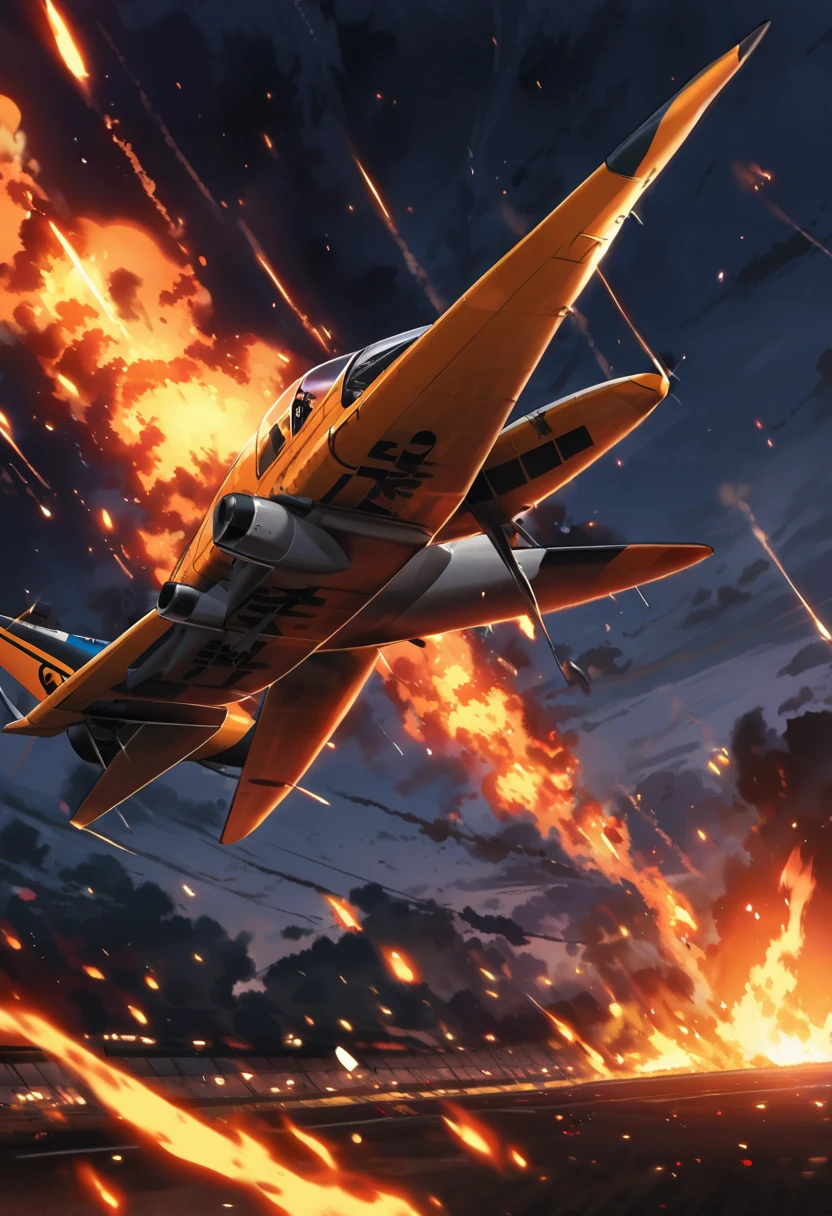Sky, the fighter airplane is on fire, night, wing is on fire
