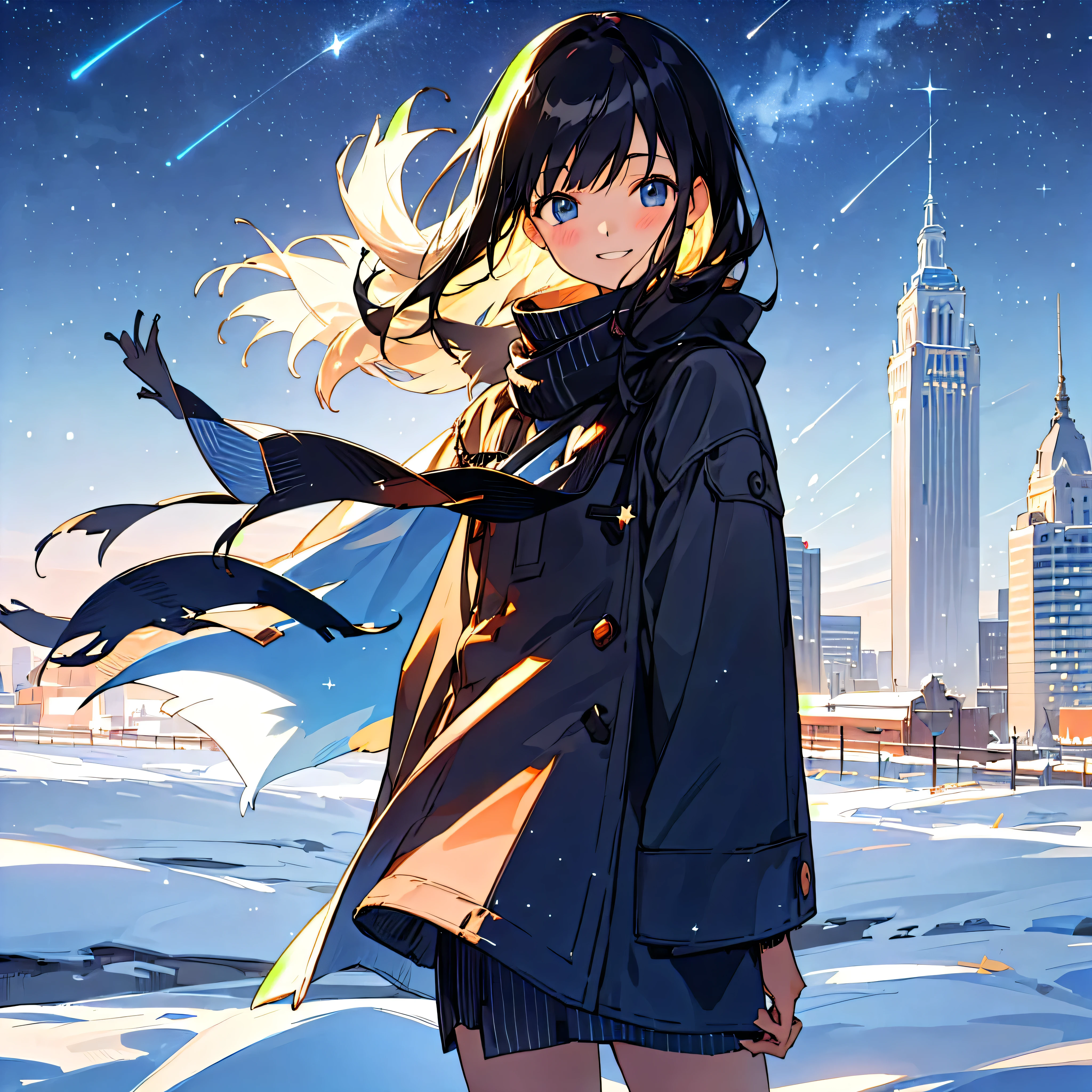(morning), One girl, solo, Looking at the audience, winter, Cowboy Shot, (Downtown), Cowboy Shot, smile, Black Hair, Starry sky background