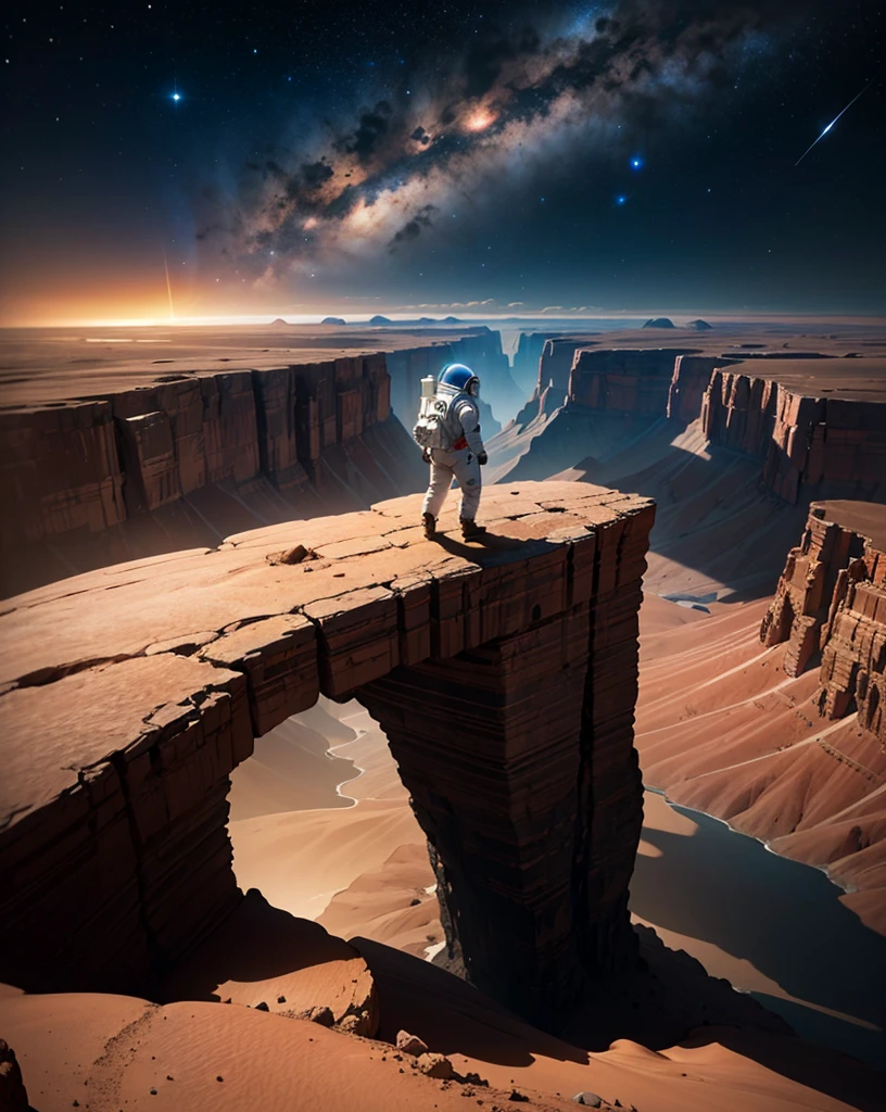 An astronaut stands at the edge of an imposing canyon on Mars, looking into the abyss that stretches out before him. The scene is set at night, illuminated by the stars and the faint glow of the planet. The canyon, with its steep and rugged walls, appears insurmountable, and the astronaut, in his spacesuit, screams into the void, expressing a mix of wonder and frustration. The Martian landscape is dotted with rocks and shadows, creating an atmosphere of mystery and challenge.