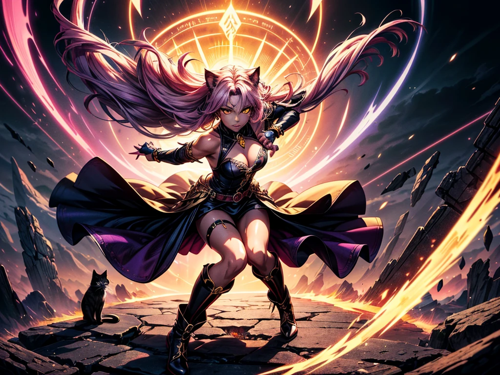 There is lost coliseum there stand female lioness in battle stance, she have ebony colour skin beautiful yellow cat eyes dark gold eyeshadows make up, ring style earrings, her hair is purple with pink highlights . she dressed in white neather topic with golden parts on countures also short and white leather straps on her cat legs instead of boots, her hands have hude ruby claws on her fingers, (ultra high quality fantasy art, dark fantasy style, masterpiece, ultra high quality character design, 8k quality anime art, realistic anime art, top quality wallpaper illustration, detailed ultra high quality accurate face, high quality design and accurate physic