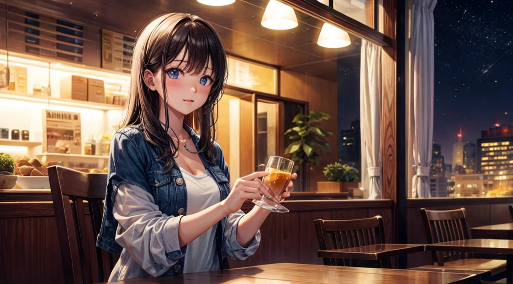 (Original photo, Highest quality), 1 girl, Lisa, night,Cafe, relax, Satosh Khan&#39;Art Style