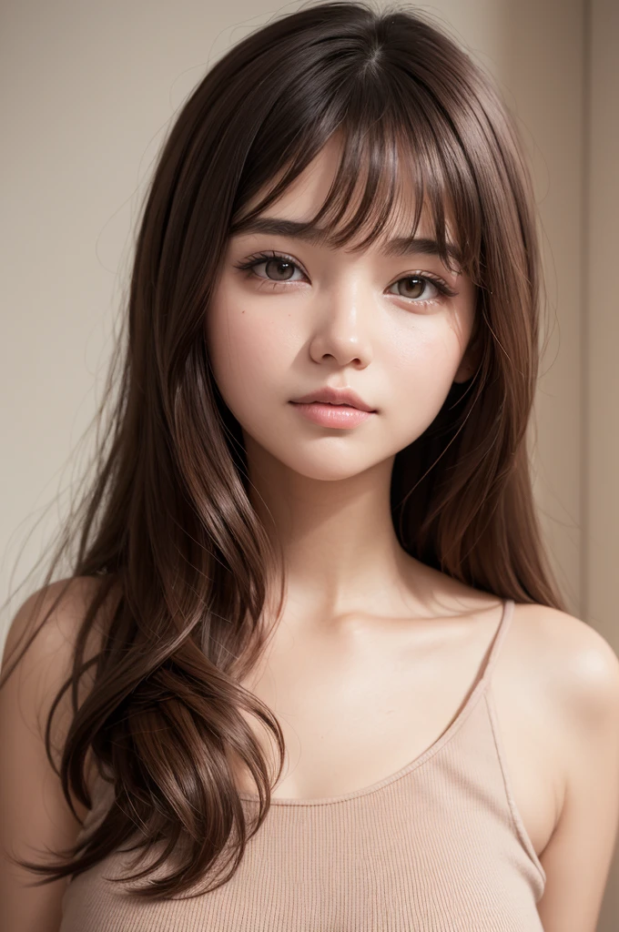 Woman with chubby cheeks, potato nose, layered hair, shoulder size, rose gold, Caucasian skin
