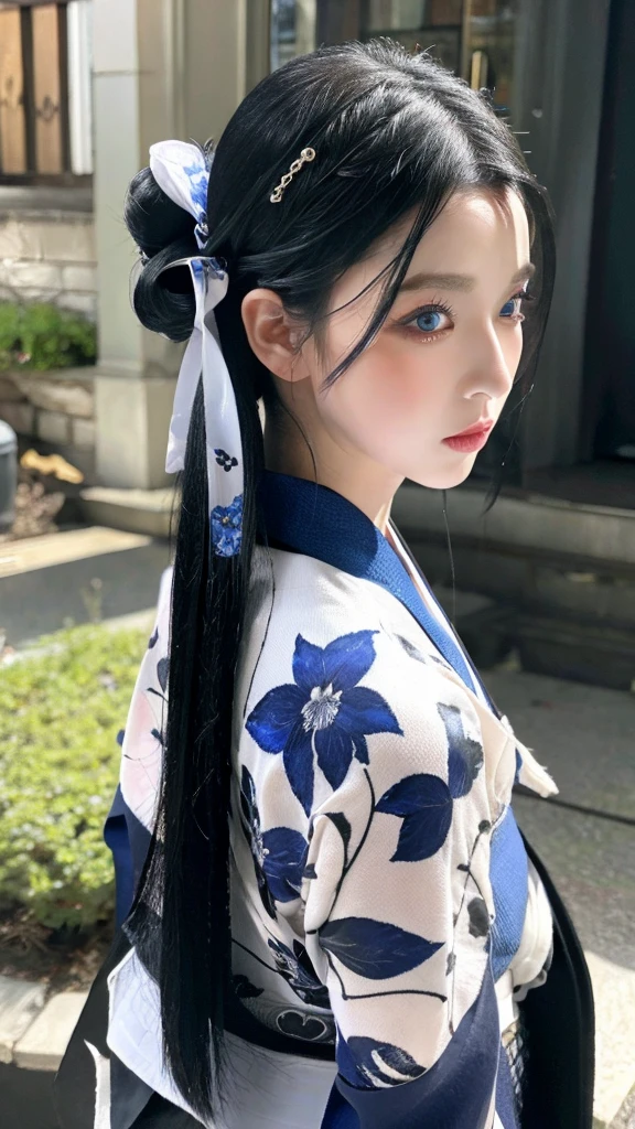 Black hair Blue eyes sexy kimono Black Fang hairpin,long hair,Lonely look