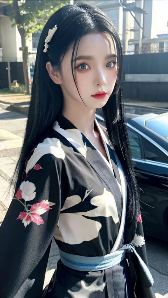 Black hair Blue eyes sexy kimono Black Fang hairpin,long hair,Lonely look