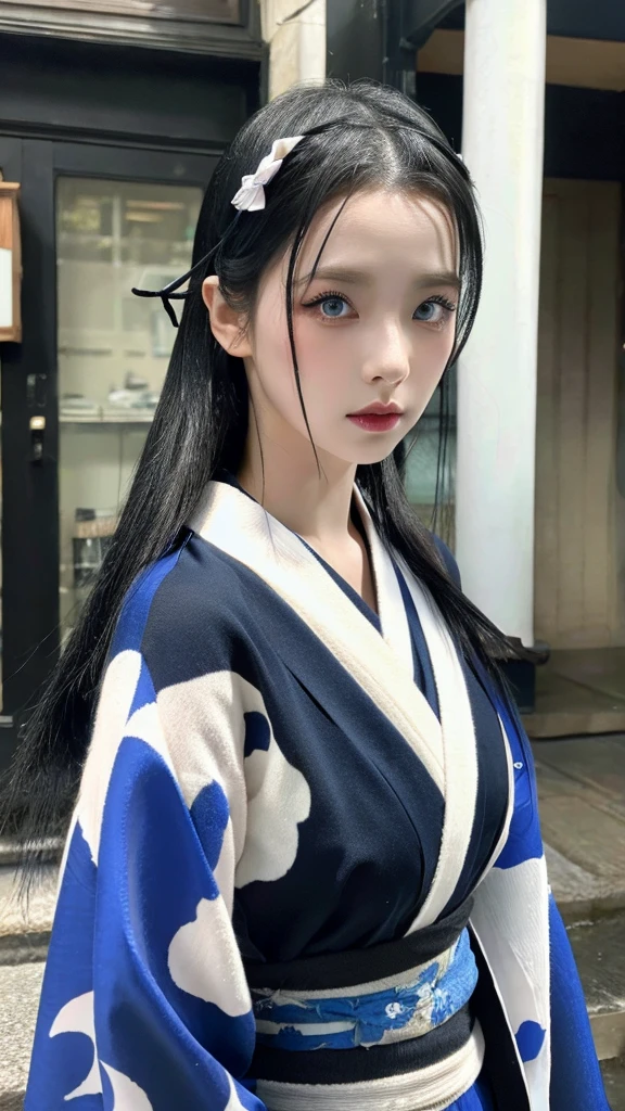 Black hair Blue eyes sexy kimono Black Fang hairpin,long hair,Lonely look