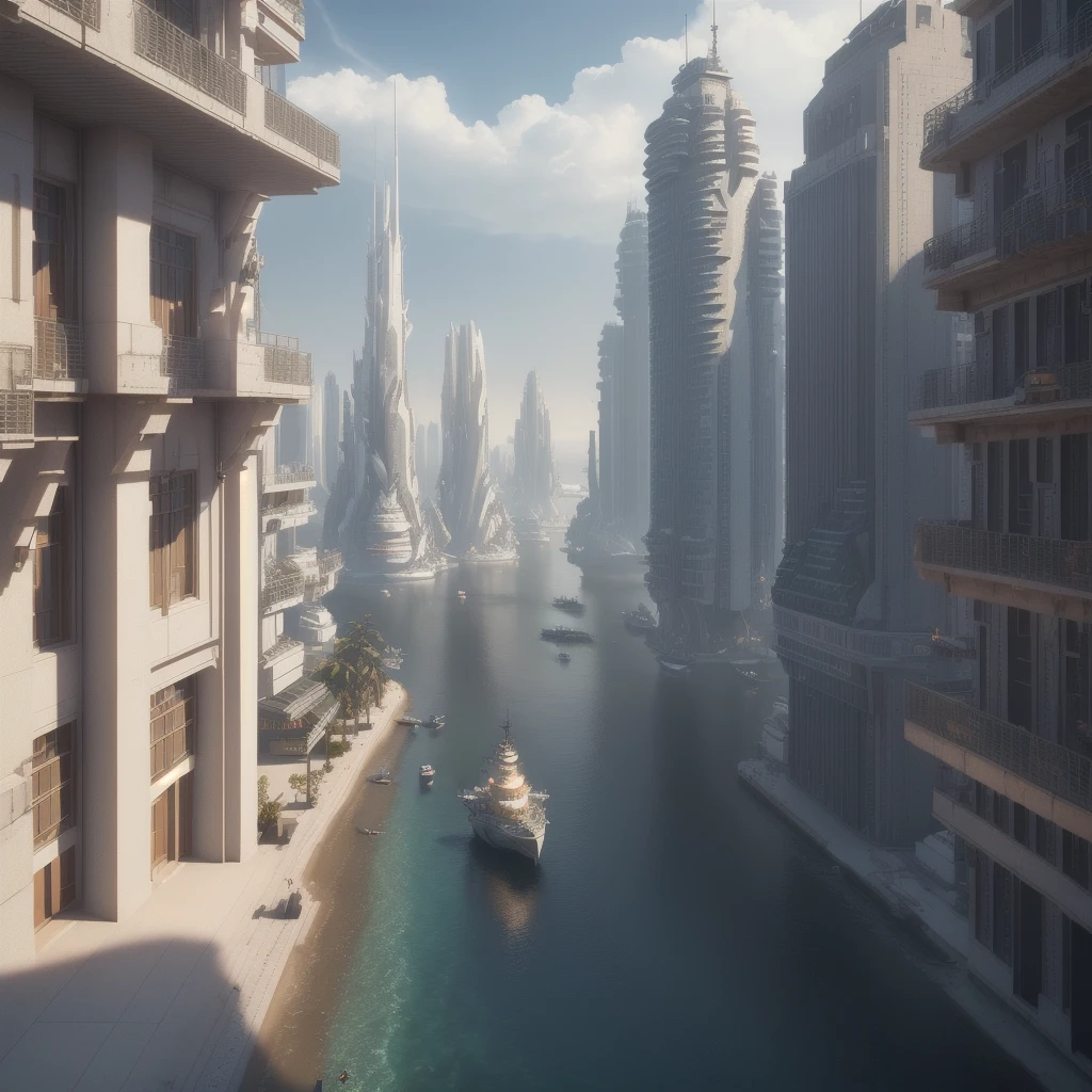 (high quality，Masterpiece，Octane Rendering，Ray Tracing，Extremely detailed，3d，8k:1.2) ，Future City，Surreal，Several warships in the air