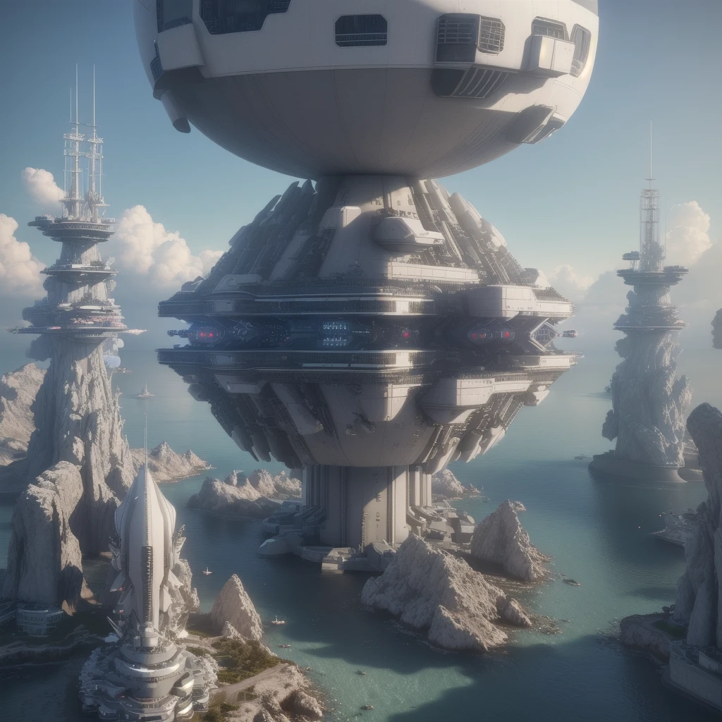 (high quality，Masterpiece，Octane Rendering，Ray Tracing，Extremely detailed，3d，8k:1.2) ，Future City，Surreal，Several warships in the air