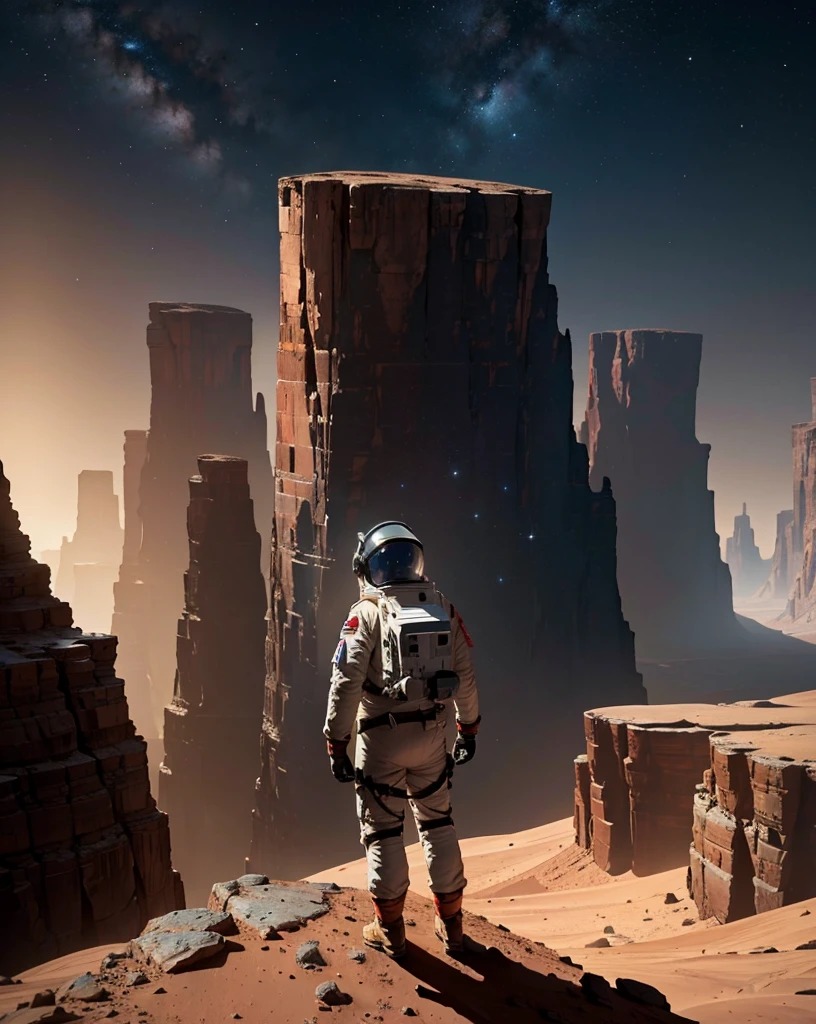 An astronaut stands at the edge of an imposing canyon on Mars, looking into the abyss that stretches out before him. The scene is set at night, illuminated by the stars and the faint glow of the planet. The canyon, with its steep and rugged walls, appears insurmountable, and the astronaut, in his spacesuit, screams into the void, expressing a mix of wonder and frustration. The Martian landscape is dotted with rocks and shadows, creating an atmosphere of mystery and challenge.