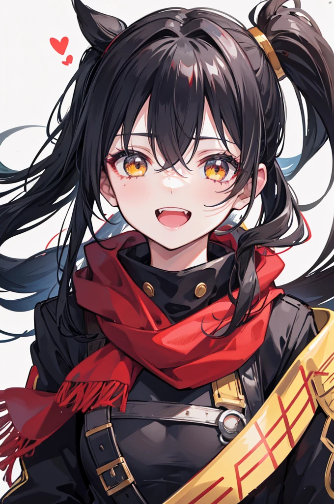 black side ponytail, stupid hair, portrait, passionate, girl, a cheerful laugh, golden eyes, red scarf, B cup, Black Jacket