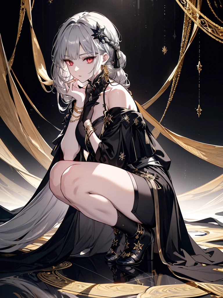 8k,High resolution RAW color art, Anime Art,Silver Marble Skin, (((Highly detailed elegant))), Detailed skin, texture,(Exquisitely crafted, The finer details, Ultra-detailed art), (((1 girl))), Depth of written boundary, Silky Touch, Hyper Detail, (((Cool face))), eye shadow、Armed women, Beautiful detailed red eyes, Beautiful lip detail, Highly detailed face, Delicate depiction of hair and eyes, Detailed Fashion, Golden Earrings,Full body depiction, Black off-shoulder dress with clothes down to the stomach、Black shorts、Waist Cloak、black tights、Golden decoration, Light gray hair, Golden bracelet, Straight Hair、(((Hair)))、moonlight、Calm background、(((Black theme)))、Snowflake background、Side view、Kneeling、Less exposure