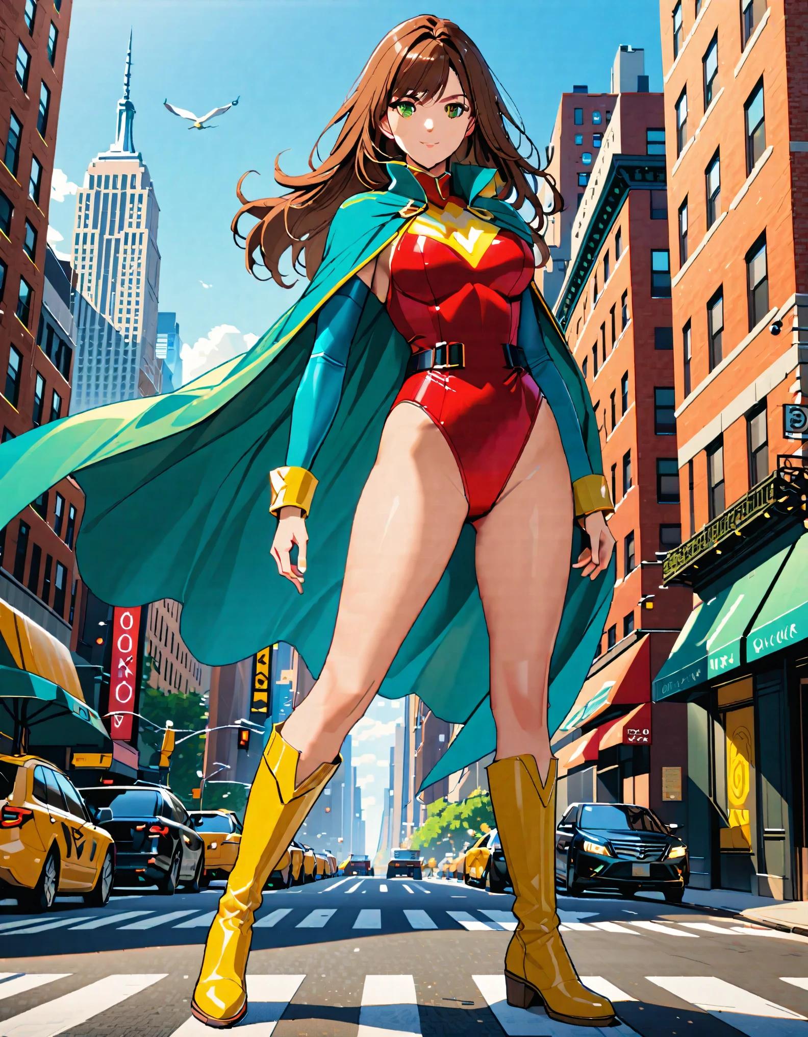 (masterpiece), (best quality), (high res), 1lady, tall body, beautiful detailed eyes, beautiful detailed face, perfect hands, complete fingers, perfect anatomy, perfect proportions, ((brown hair, medium hair, hair down)), ((green eyes)), (leotard, matching leotard), ((red leotard)), ((bare legs)), ((boots, matching boots, knee-high boots, yellow boots)), breasts, medium breasts, (full body portrait), looking at viewer, solo, solo focus, standing, (one hand on hip), cowboy shot, new york backdrop, ((belt, tight belt)), (blue sleeves, yellow cuffs), (yellow hawk (symbol) on the chest), (medium cape, (cyan cape)), full body costume design.