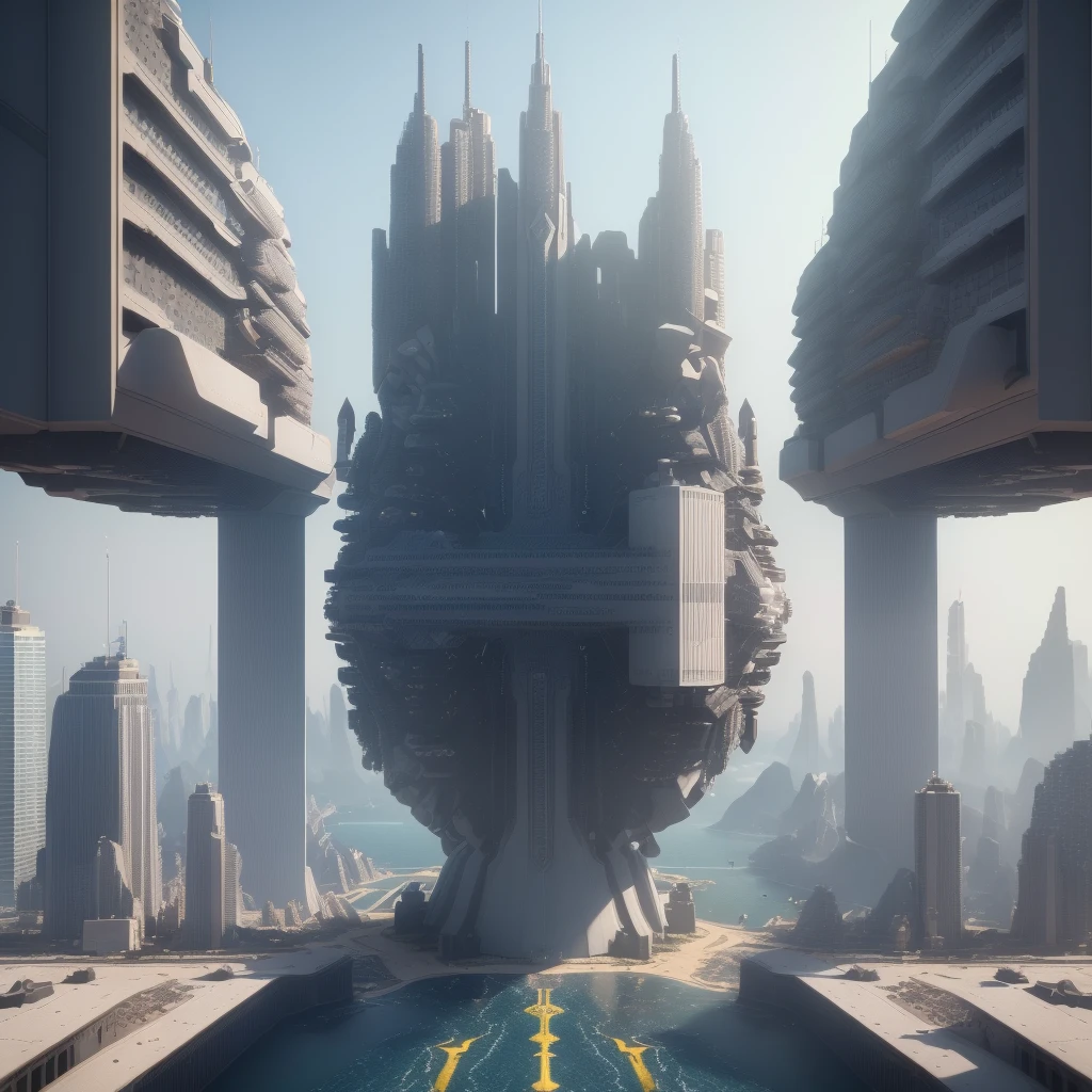 (high quality，Masterpiece，Octane Rendering，Ray Tracing，Extremely detailed，3d，8k:1.2) ，Future City，Surreal，Several warships in the air