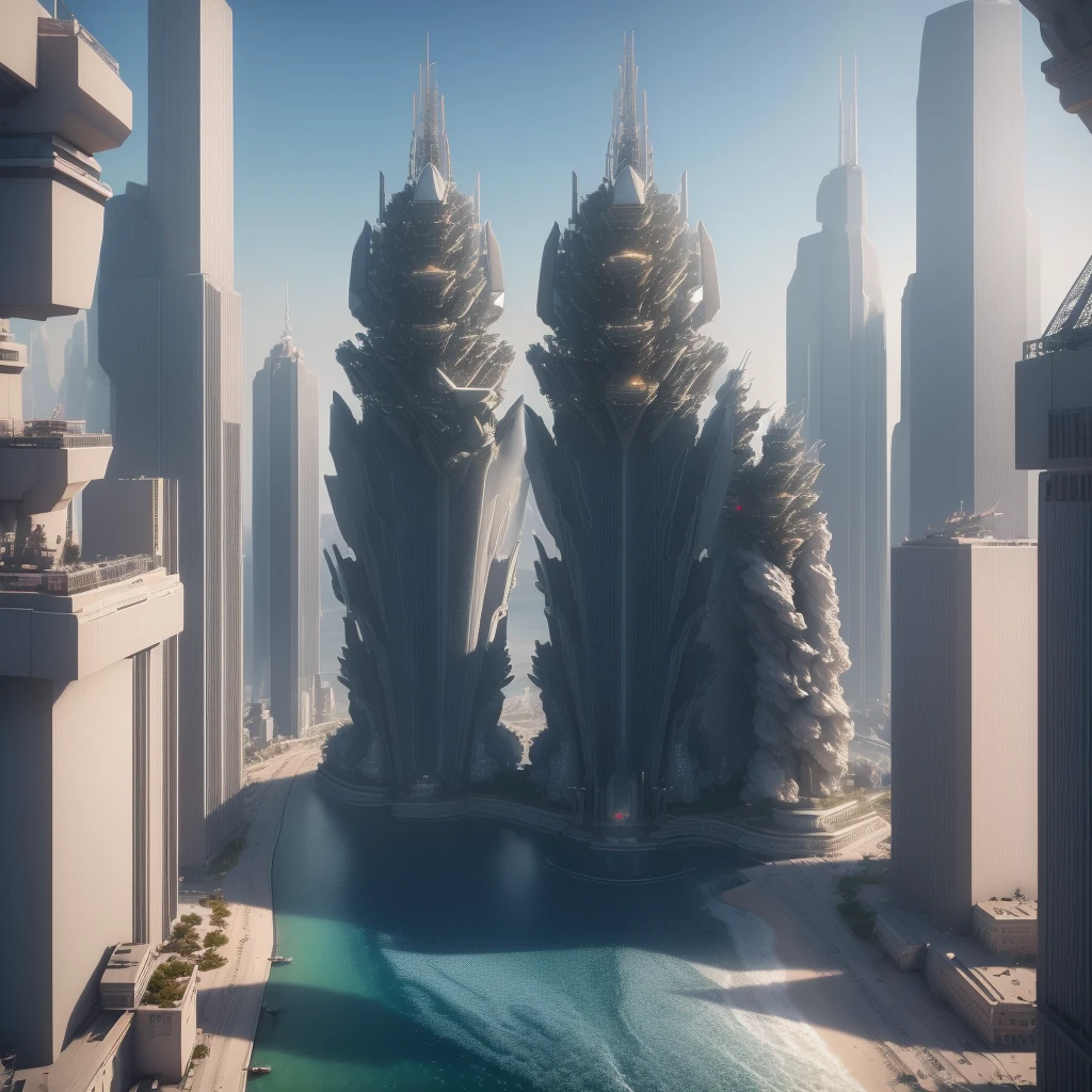(high quality，Masterpiece，Octane Rendering，Ray Tracing，Extremely detailed，3d，8k:1.2) ，Future City，Surreal，Several warships in the air