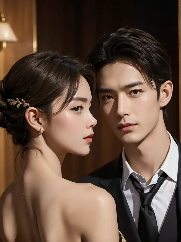 Entertainment,gender: One man and one woman。Don't look at the camera,Natural Eyes。The man looks like Huang Zitao,Handsome and beautiful,The face is smaller than an egg(5.5),Soft(10),No beard,Peach blossom eyes and silkworms,Smile。topless woman,The side profile looks like Xu Yiyang's face,The head is turned at a 45-degree angle,Red Dress。