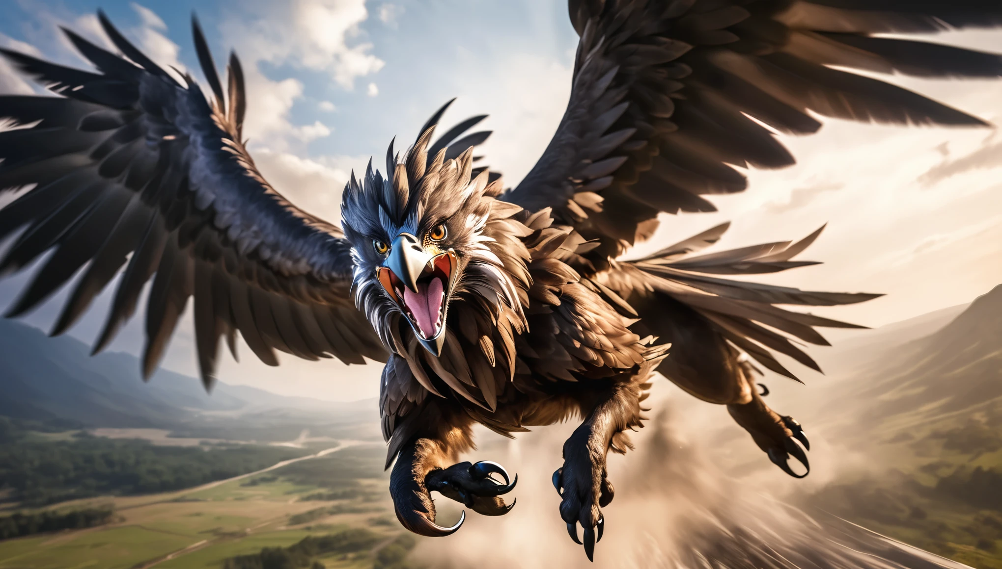 Realistic photos, RAW Photos, Griffon, attacks viewer, Powerful movements, jump on prey, ((Dynamic jump)), Sharp Claws, Griffon approaching from above, sudden approach, Bad-tempered, dynamic Shot from grand