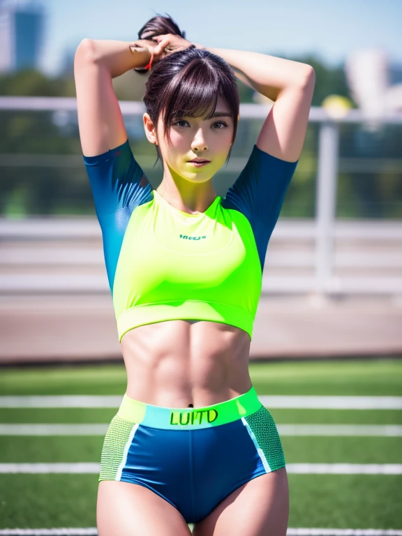 Best quality 8k resolution Ultra detailed Bright neon colored competition sportswear Serious facial expression Cute girl Abs Arms up Very short hair High waisted tights Flat chest Japanese Sharp focus Track and field club Very short hair 27 years old
